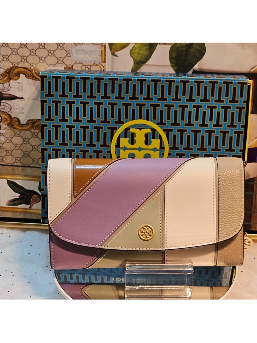 Tory Burch Colorblock Leather Crossbody Bag in Lavender & Cream